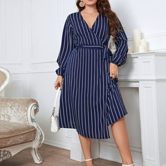 Deep V Neck Striped Midi Wrap Dress with Belt Women's Plus Size