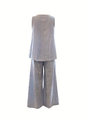 Stripe Print Two piece Set Crew Neck Tank Top & Wide Leg Pants