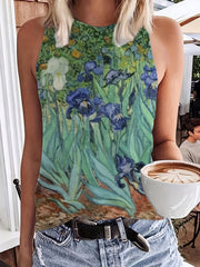 Floral Print Tank Top Round Neck Medium Stretch
