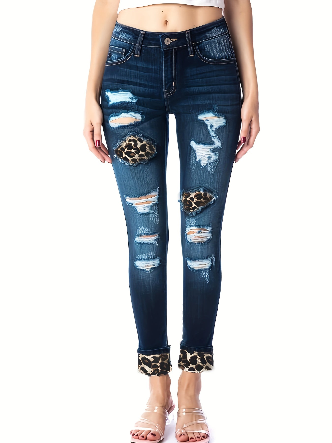 Colorblock Leopard Print High Rise Skinny Jeans