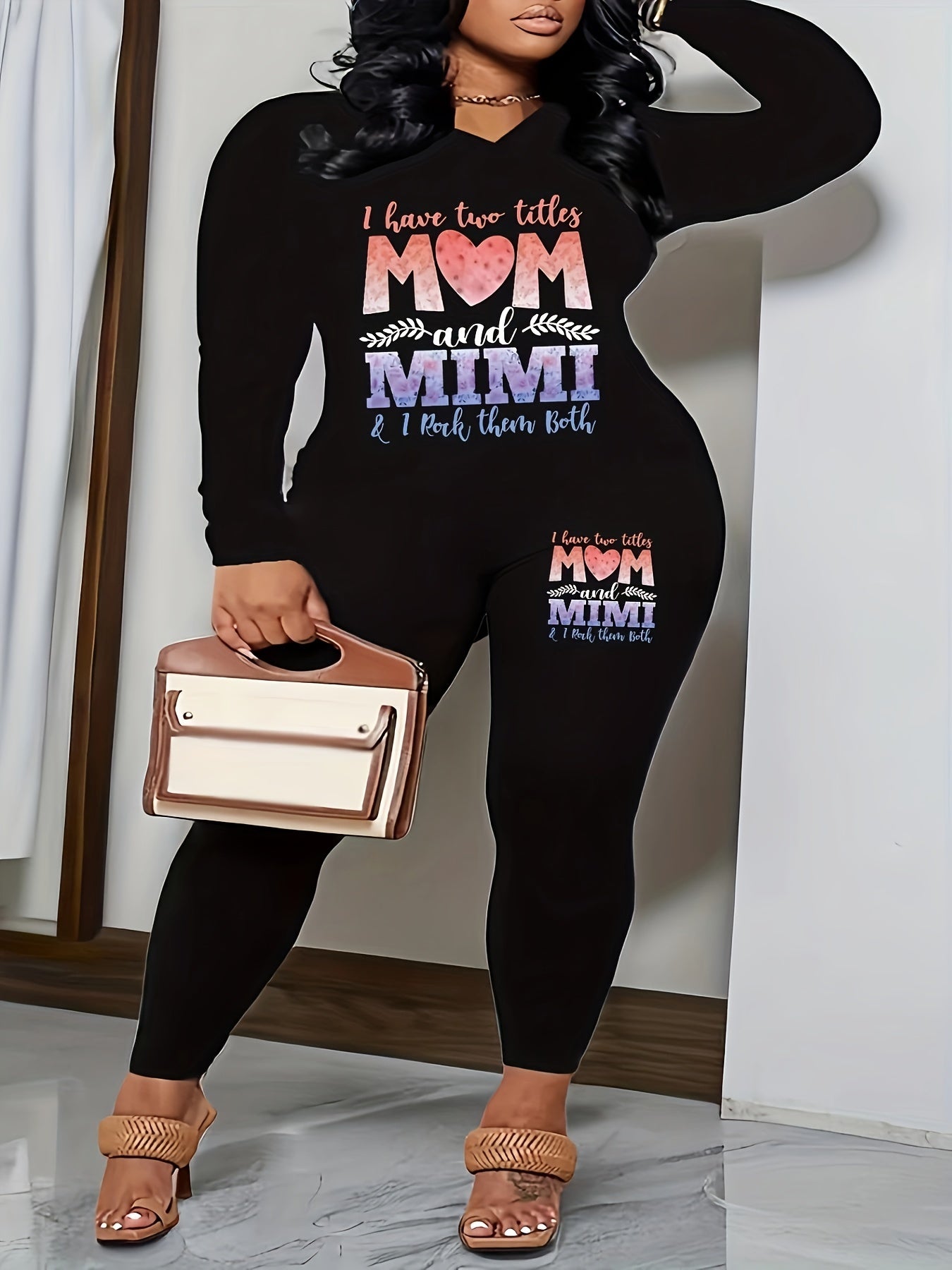 2PC Set Women's Slogan & Heart Print Top & Leggings