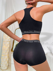 Letter Print Bra & Panties Set Push Up Sports Bra & Elastic Panties Lingerie