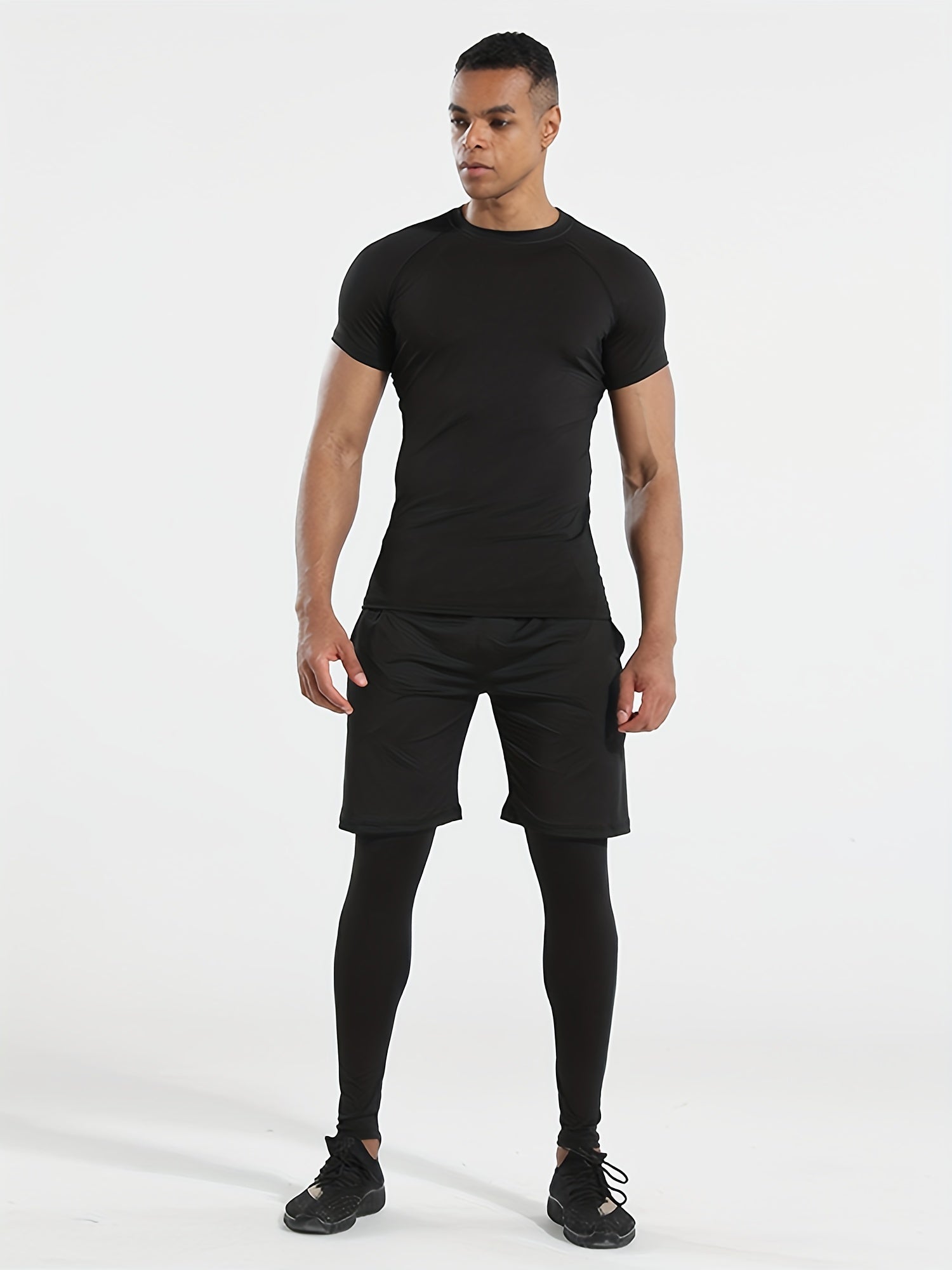 Men's 3-Pc Short Sleeve T-shirt Shorts Leggings Quick Drying Gym Outfit