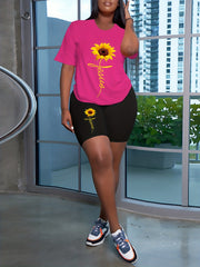 Casual 2 Piece Set Art Letter & Sunflower Print Crop Top & Shorts