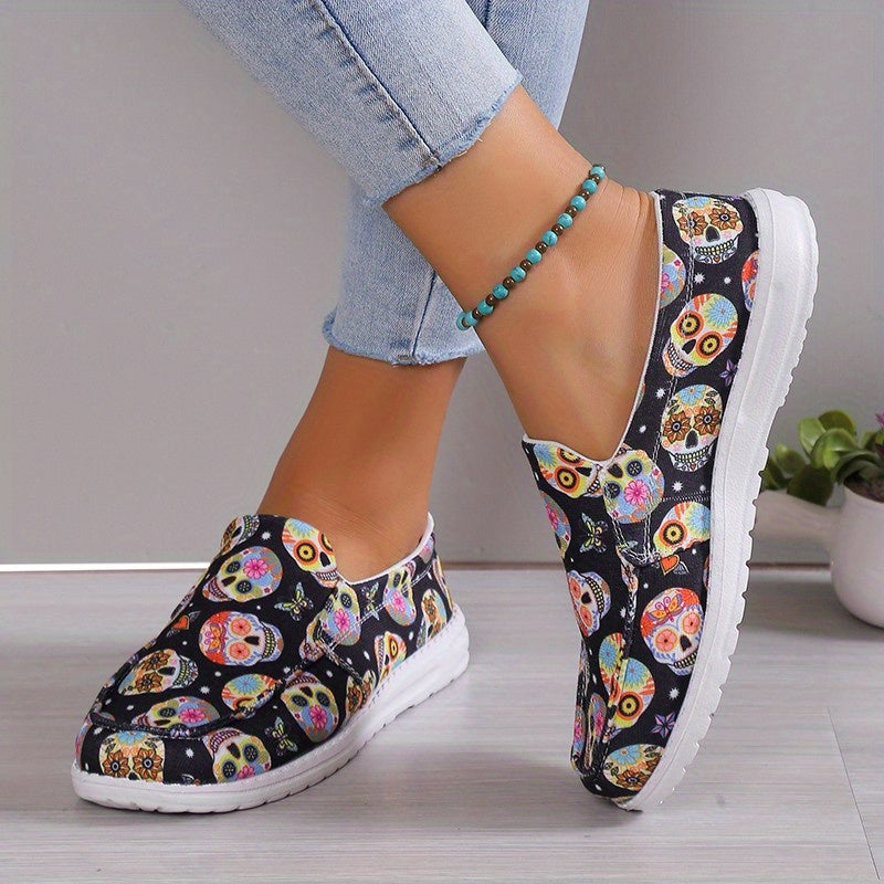 Women's Skull Ghost Pattern Slip on Loafers Lightweight Non slip Flat Shoes