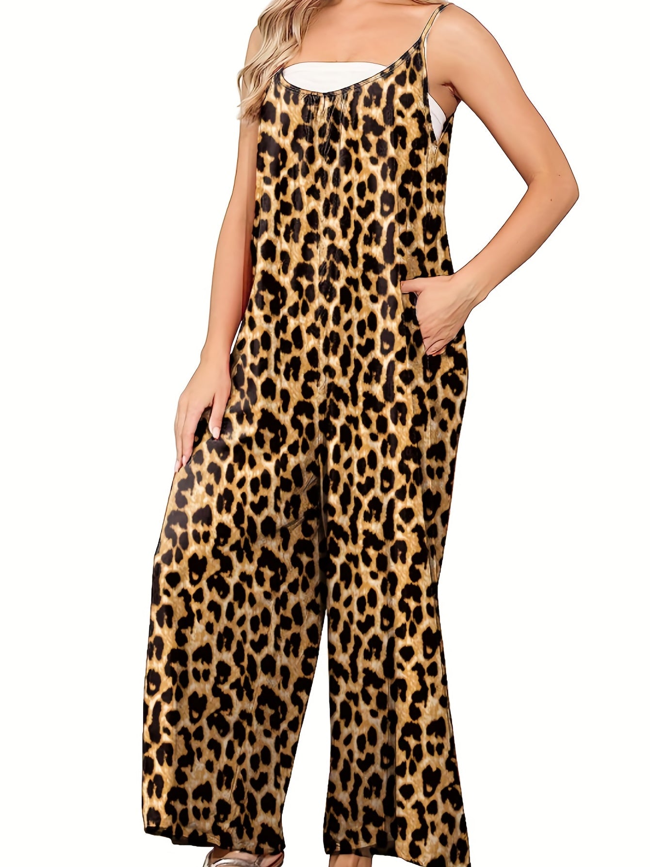 Leopard Print Wide Leg Jumpsuit Casual Sleeveless Spaghetti Jumpsuit