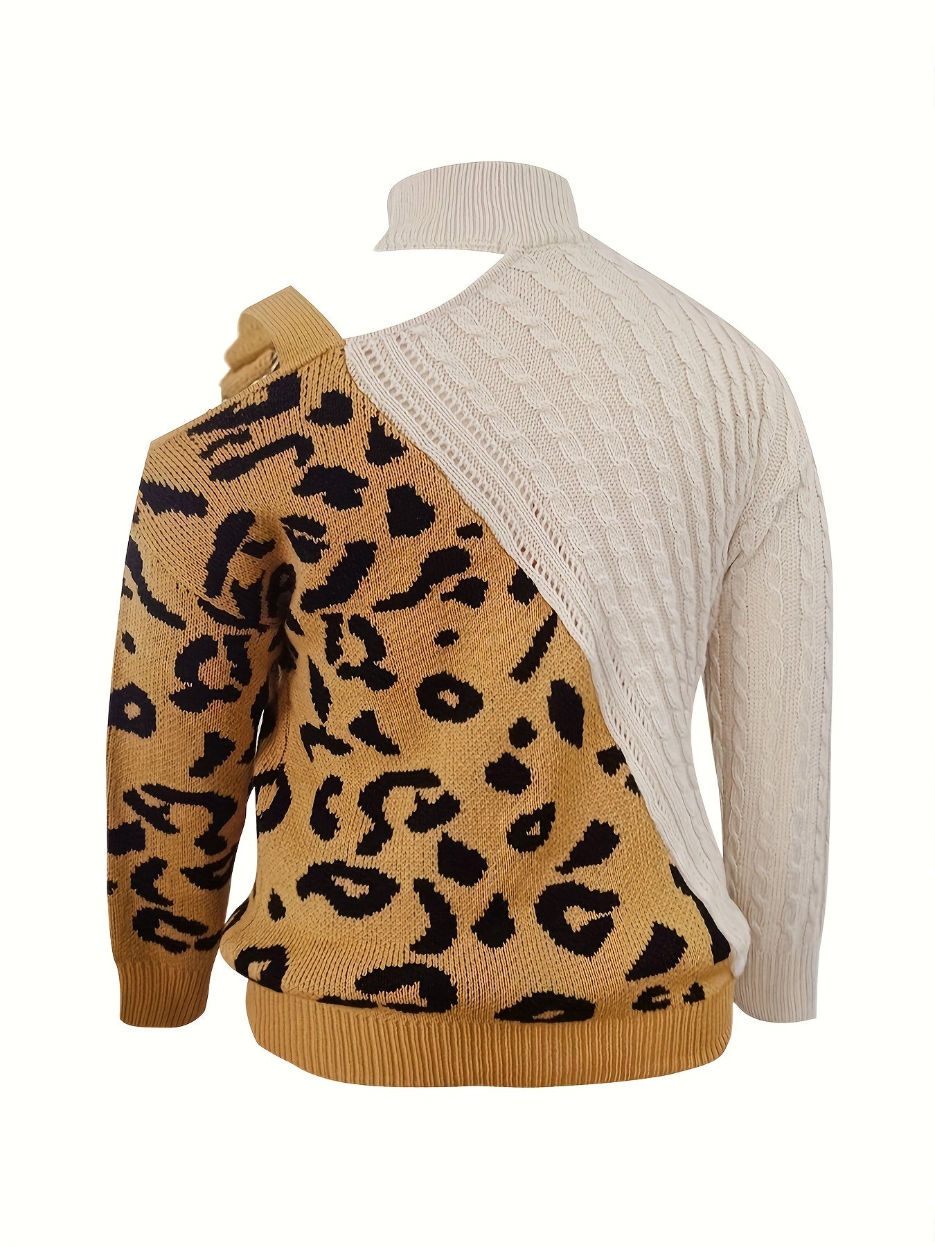 Colorblock Leopard Print Sweater with Cut Out Buckle High Neck