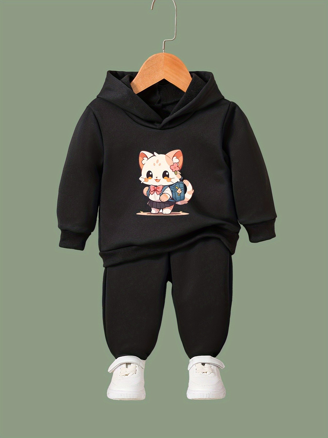 Girls Cat Graphic 2pcs Set Activewear for Spring Fall Sports