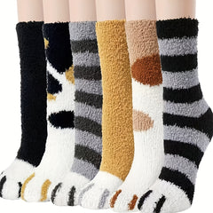 6 Pairs Cat Claw Pattern Cotton Socks for Women & Girls