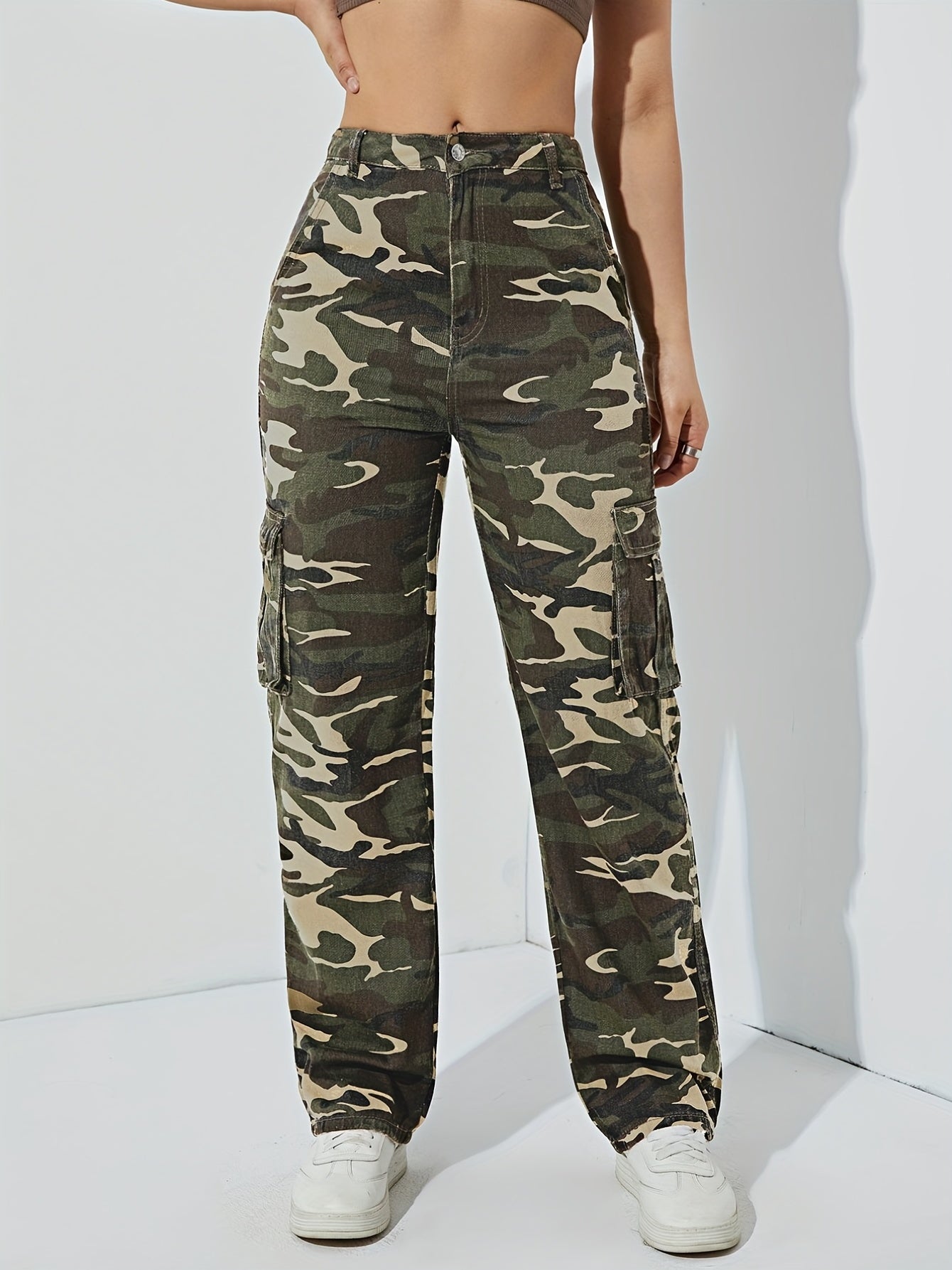 High Waist Wide Leg Denim Pants with Flap Pockets