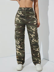 High Waist Wide Leg Denim Pants with Flap Pockets