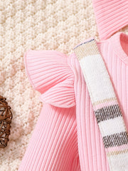 2PCS Toddler Baby Girl Outfit Long Sleeve Tops & Plaid Suspender Dress Set