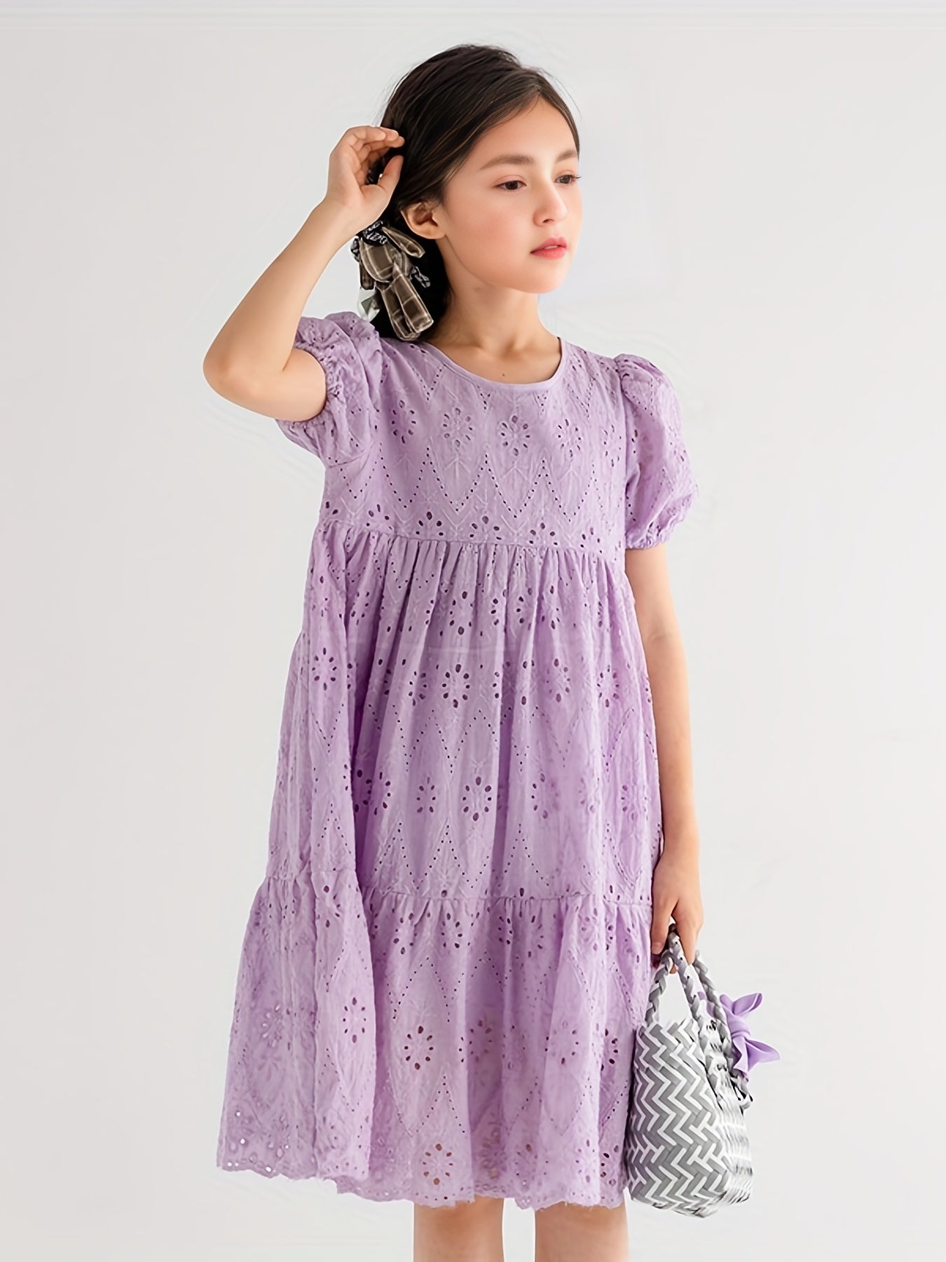 Girl's Cotton Princess Dress Puff Sleeve Crew Neck Summer Clothing