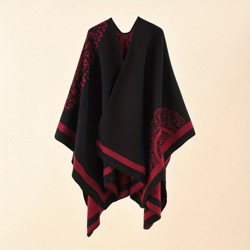 Print Shawl Cape For Women Slit Warm Large Shawl Casual Windproof Sunscreen Wrap