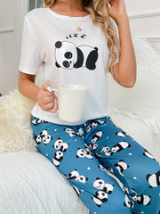 Panda Print Pajama Set Short Sleeve Crew Neck Top & Pants Women's Sleepwear