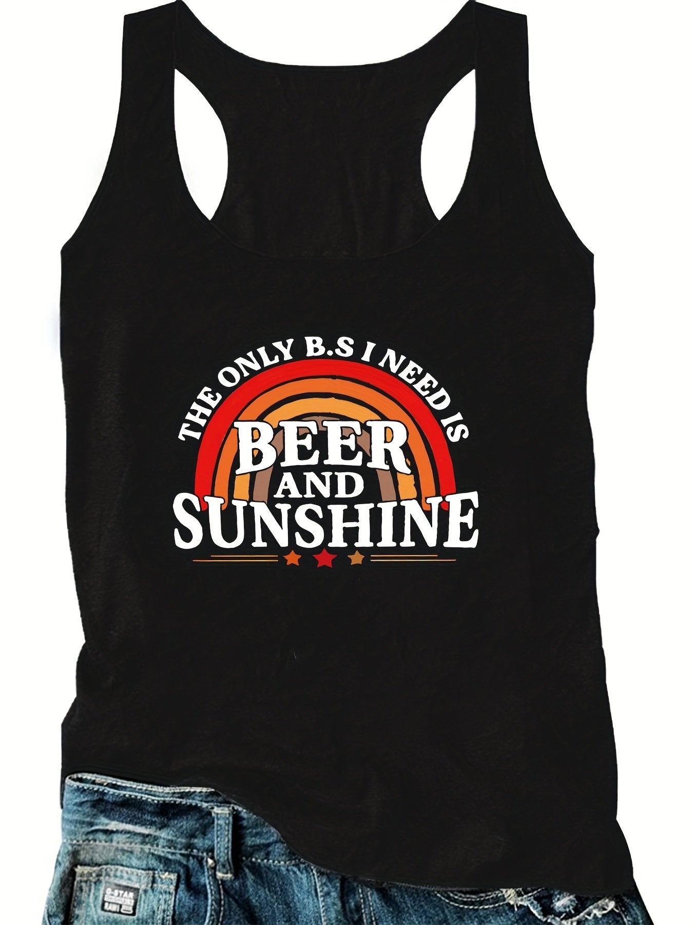 Rainbow Print Tank Top Women's Round Neck Stretch Top