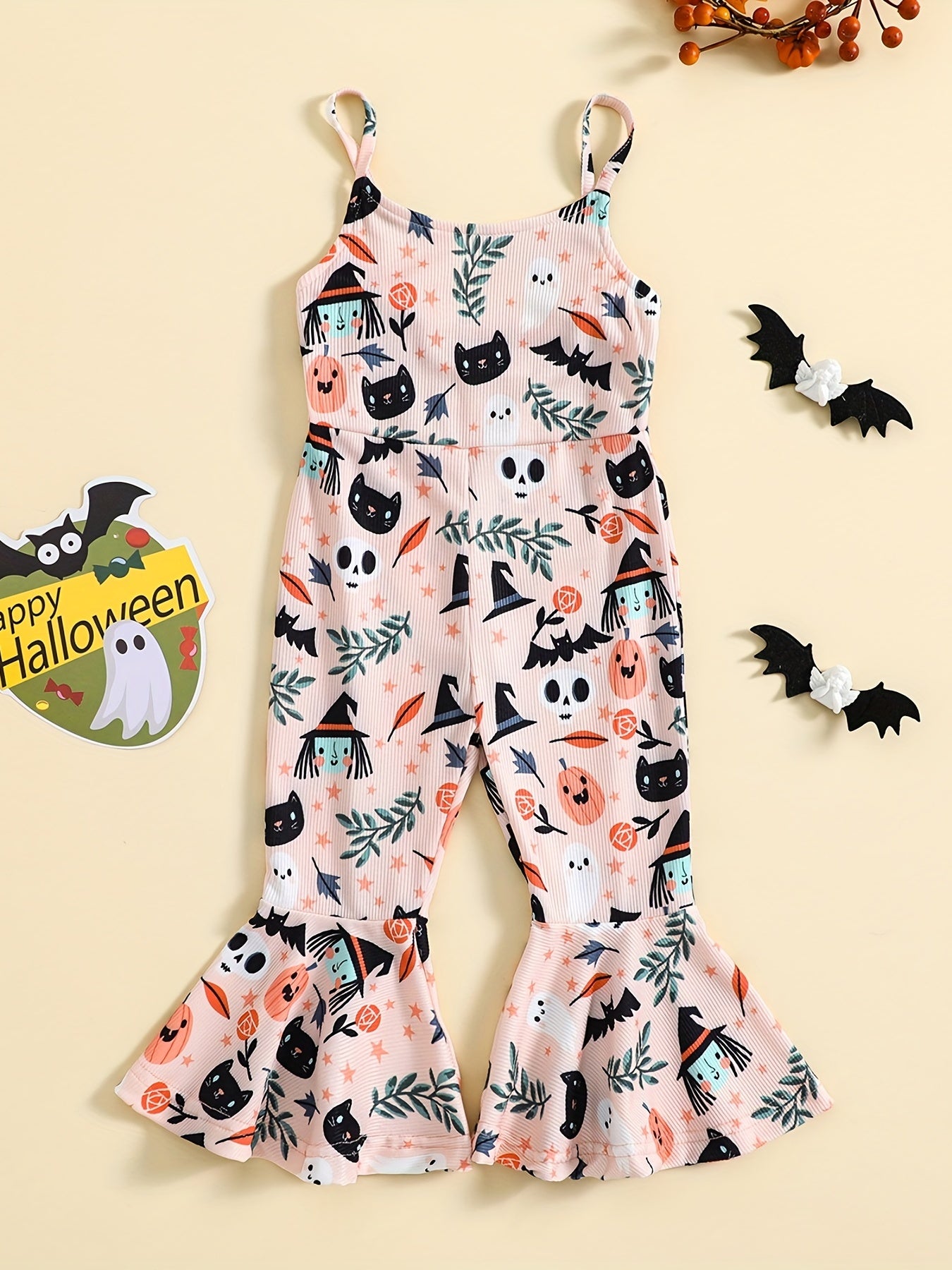 Girls' Pumpkin Allover Ribbed Flare Leg Jumpsuit