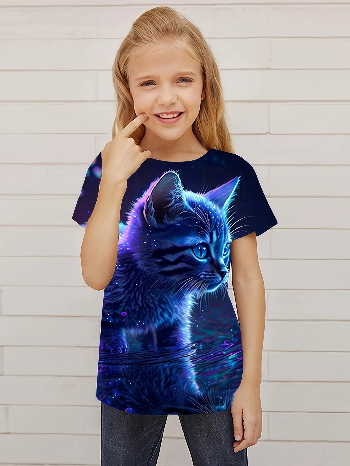 Crying Cat Graphic Short Sleeve T shirt Breathable Pullover For Girls