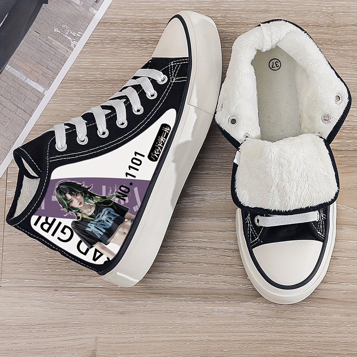 Anime Girl Plush Lined Canvas Sneakers Winter Warm High Top Shoes