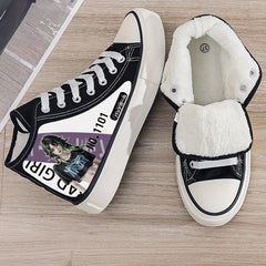 Anime Girl Plush Lined Canvas Sneakers Winter Warm High Top Shoes