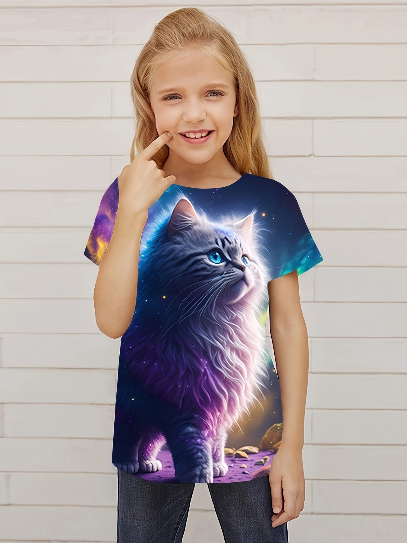 Aurora Cat Graphic Short Sleeve T shirt for Girls, Summer Sports Pullover