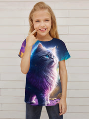 Aurora Cat Graphic Short Sleeve T shirt for Girls, Summer Sports Pullover