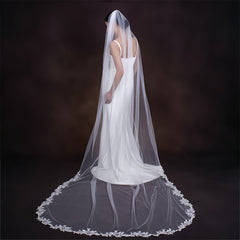 Bridal Veil with Floral Lace Trim and Flowing Train for Wedding