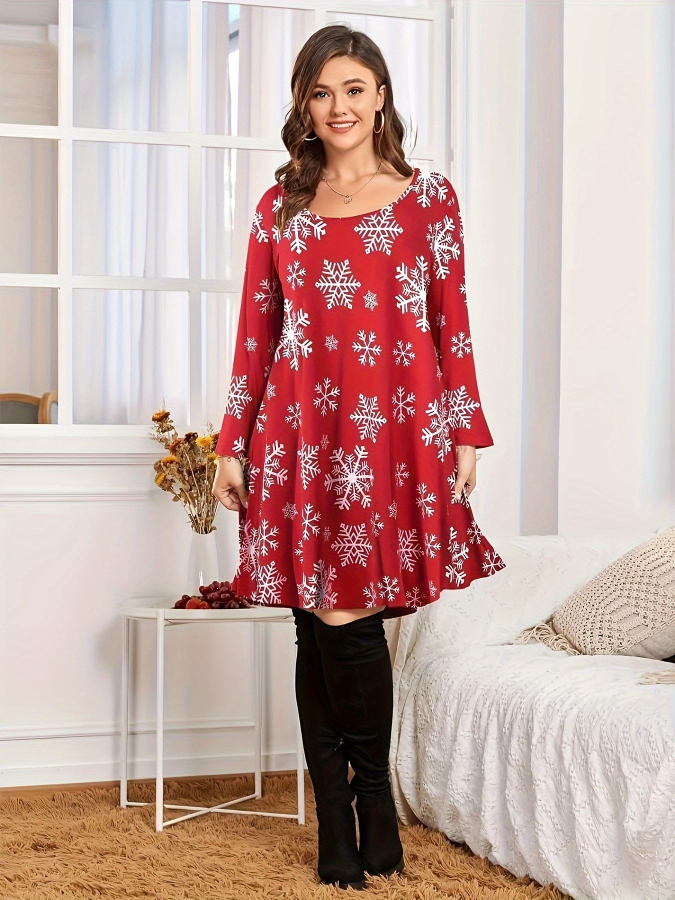 Christmas Dress Women's Plus Allover Print Long Sleeve