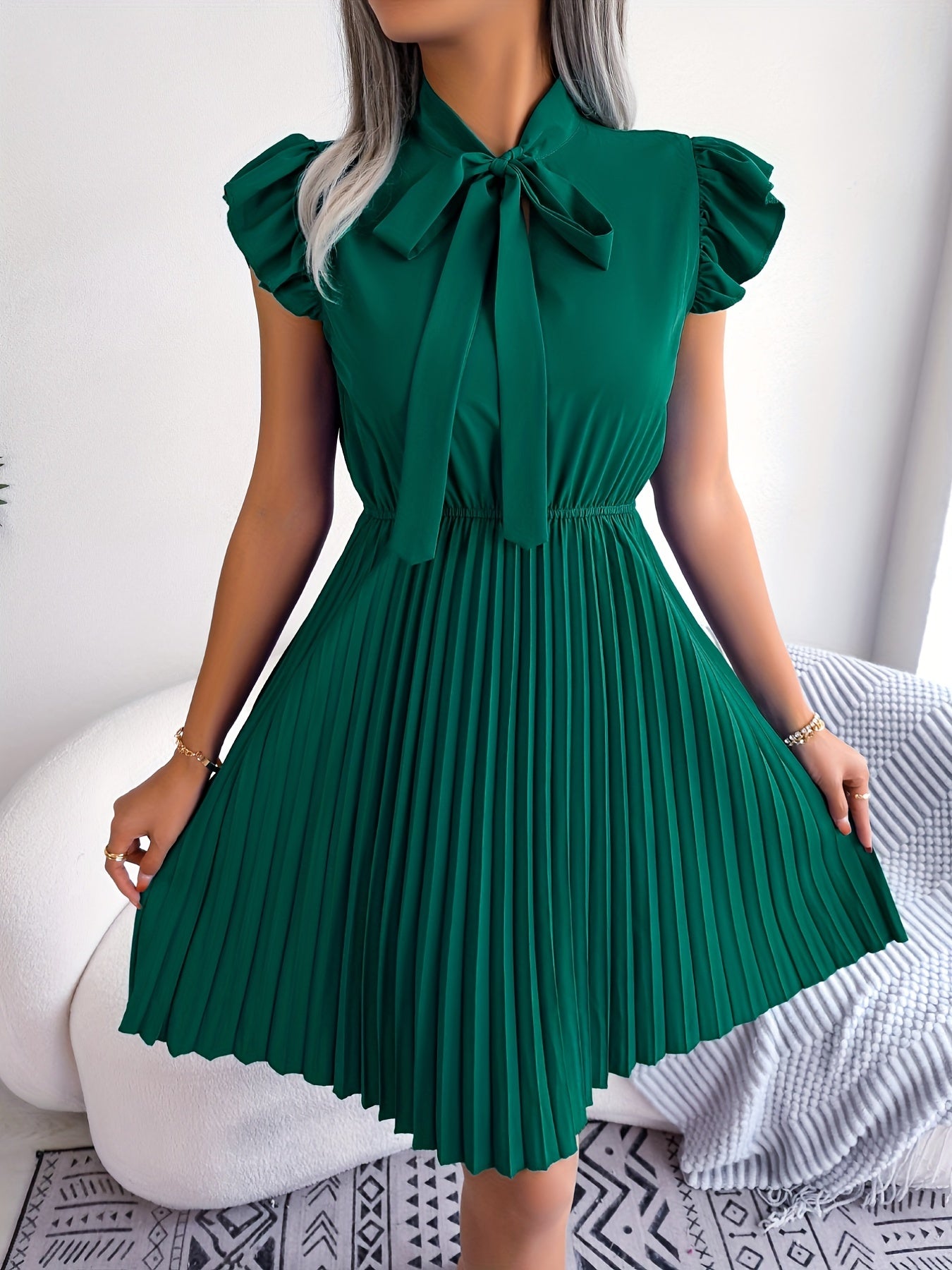 Ruffle Trim Pleated Dress for Women