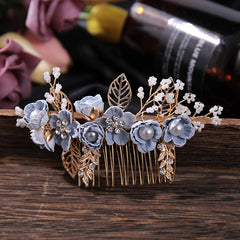Hanfu Hair Comb Faux Pearl Flower Leaf Metal Hairpin Vintage Chinese Style