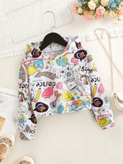 Girls Cartoon Print Long Sleeve Crop Hoodie Sweatshirt
