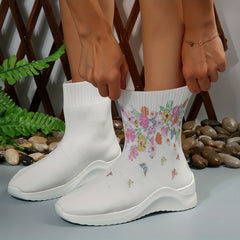 Floral Print Knitted Ankle Boots Slip On Comfortable Walking Shoes