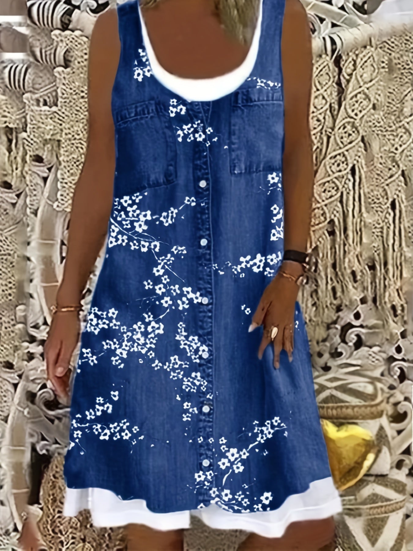 Colorblock Denim Print Tank Dress Round Neck