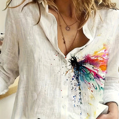 Plus Dragonfly Print Button Up Long Sleeve Blouse