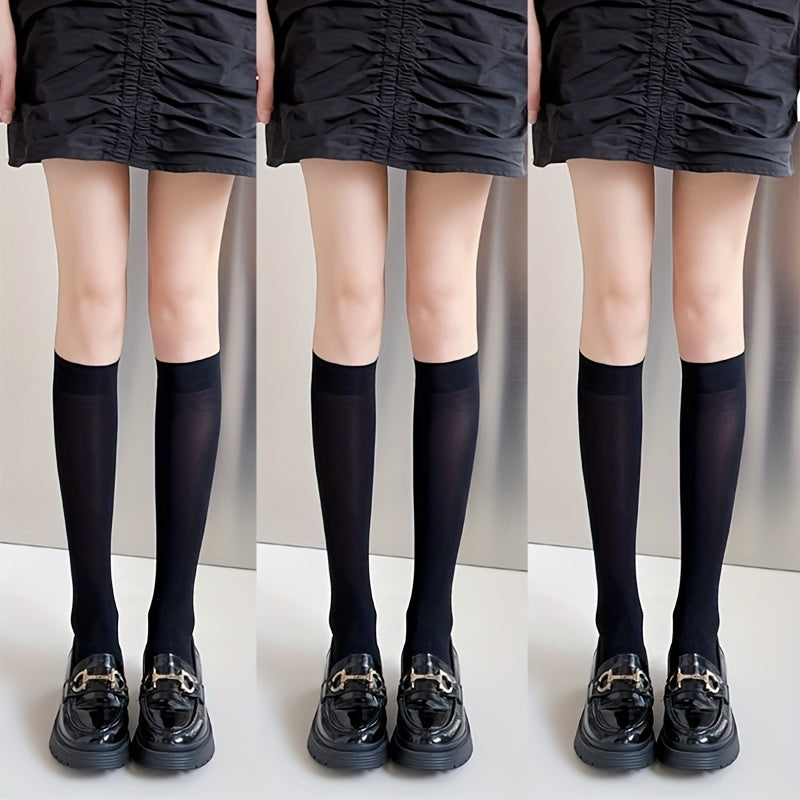 3 Pairs Solid Knee High Socks Soft & Comfy Women's Stockings & Hosiery