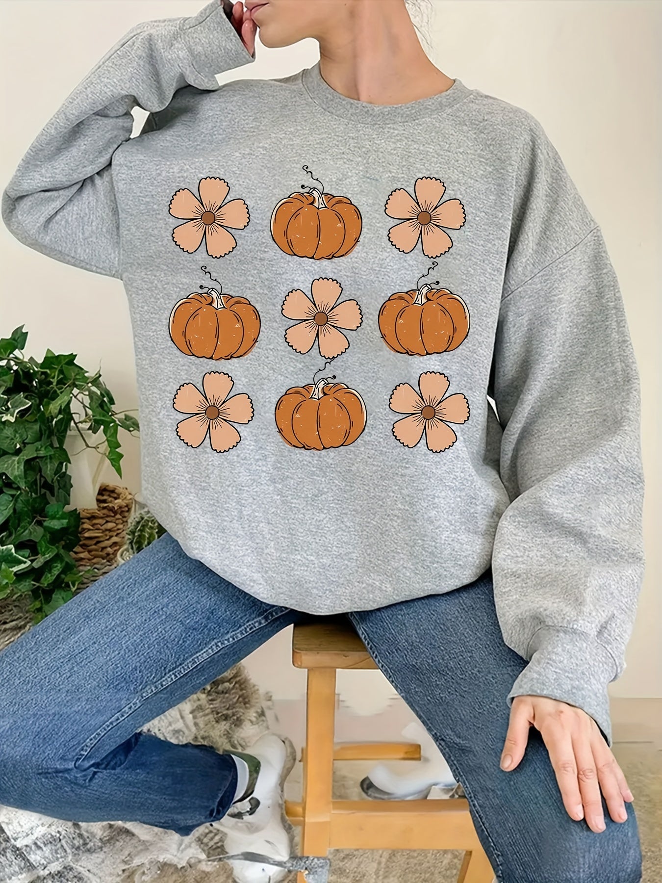 Halloween Pumpkin Print Sweatshirt Long Sleeve Crew Neck Women's Clothing