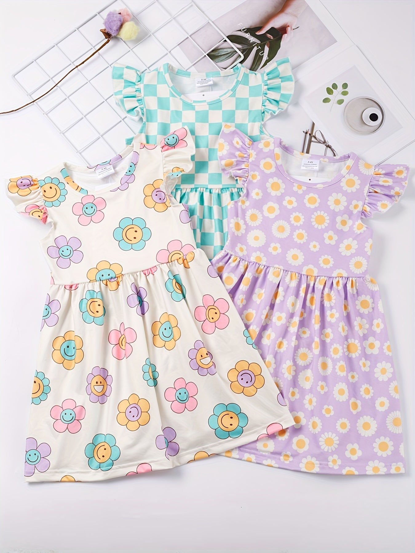 Toddler Girls Ruffled Sleeves Smile Face Flowers Plaid Dress