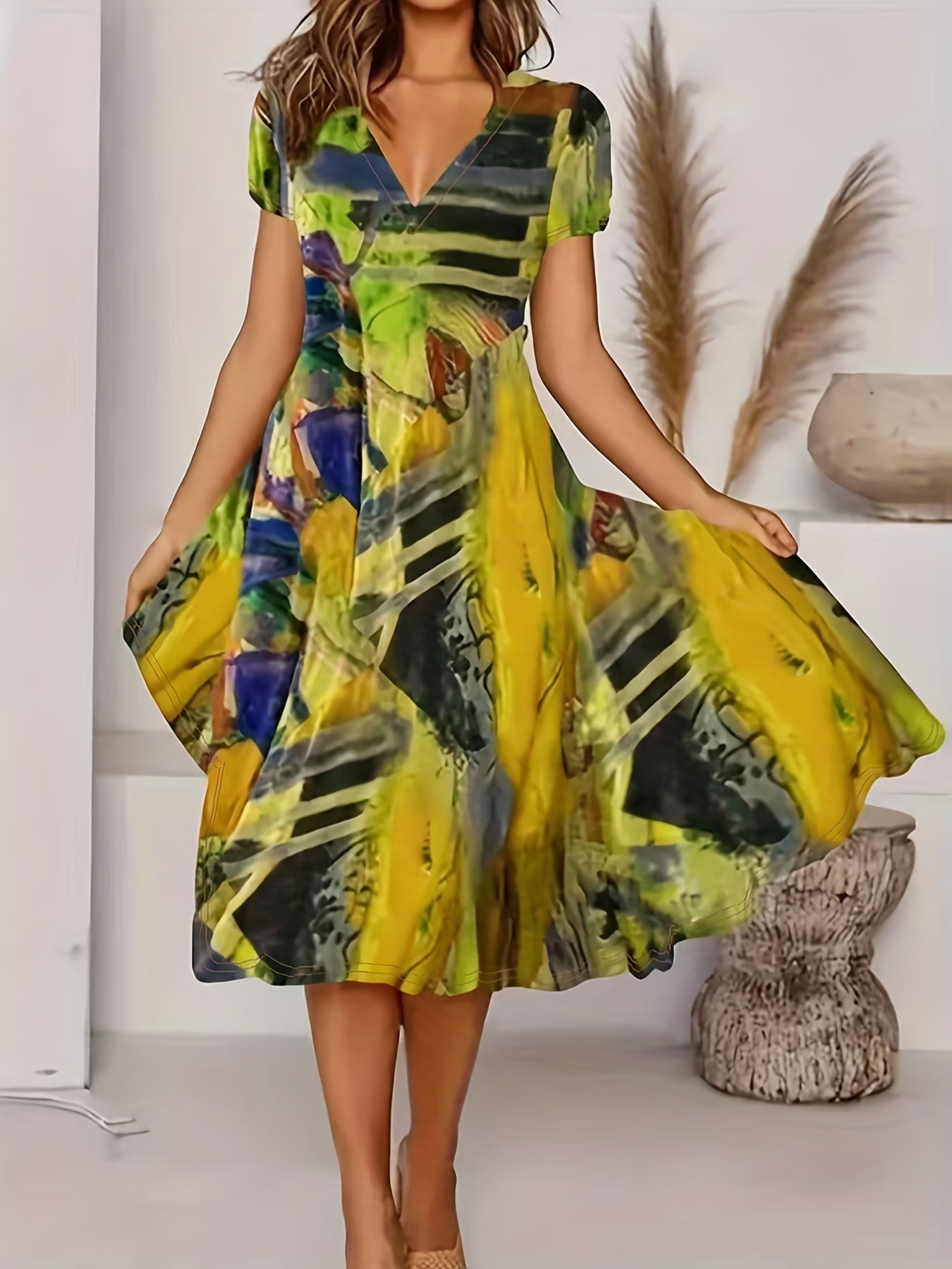 Bohemian Short Sleeve V Neck Dress