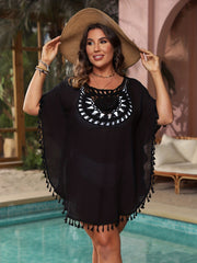 Tassel Trim Short Sleeve Dress Women's Plus Beachwear