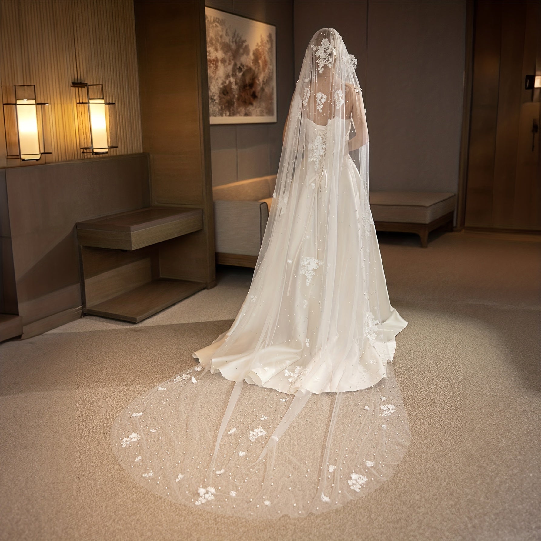 Baroque Faux Pearl Veil Accessory Bride Veil Lace Edge Tulle Veil