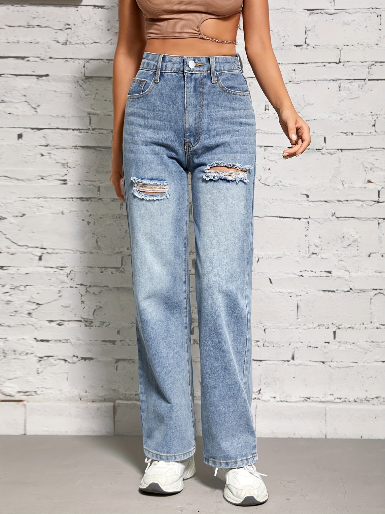 Distressed Loose Fit High Waist Denim Trousers Women's Jeans
