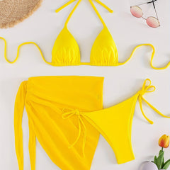 Yellow Bikini Set Halter Neck Tie Back High Cut Swimsuit Cover Up