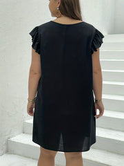 Solid Ruffle Sleeve V Neck Knee Length Dress