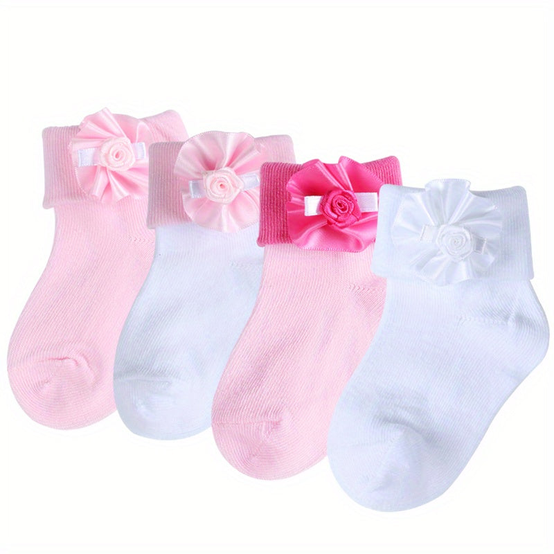 4 Pairs Girls Knit Ruffled Socks with Flower Decoration