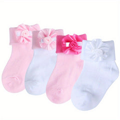 4 Pairs Girls Knit Ruffled Socks with Flower Decoration