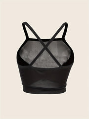 Sheer Mesh Halter Cami Crop Top Plunging Criss Cross Back Top