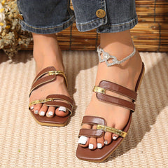 Women's Colorblock Flat Slippers Square Open Toe Non Slip