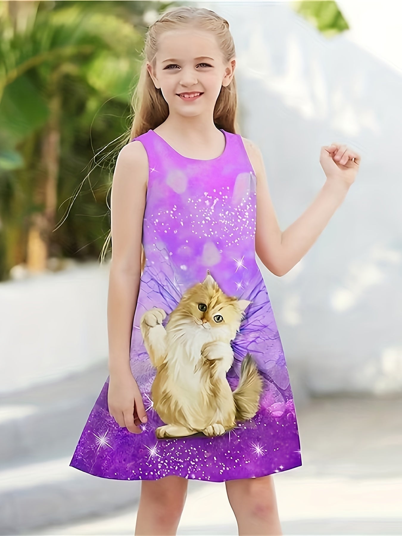 Cat Graphic Sleeveless Summer Dress for Girls