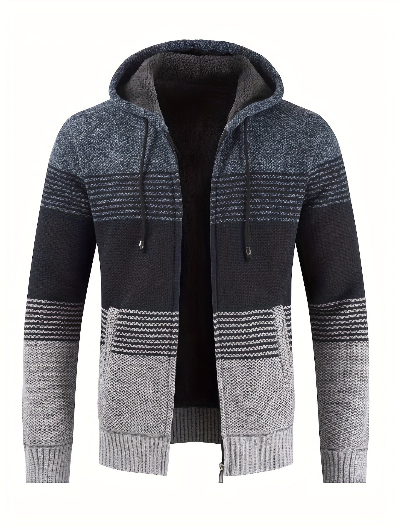 Knitted Stripes Fleece Hooded Cardigan Men's Zip Up Coat