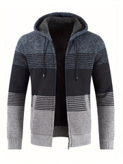 Knitted Stripes Fleece Hooded Cardigan Men's Zip Up Coat